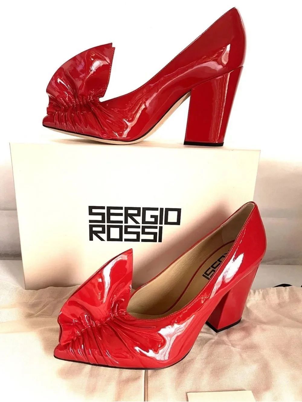 Sergio Rossi RARE Red Patent Leather Ruffle 090 Block Heel PointToe Pumps $1145